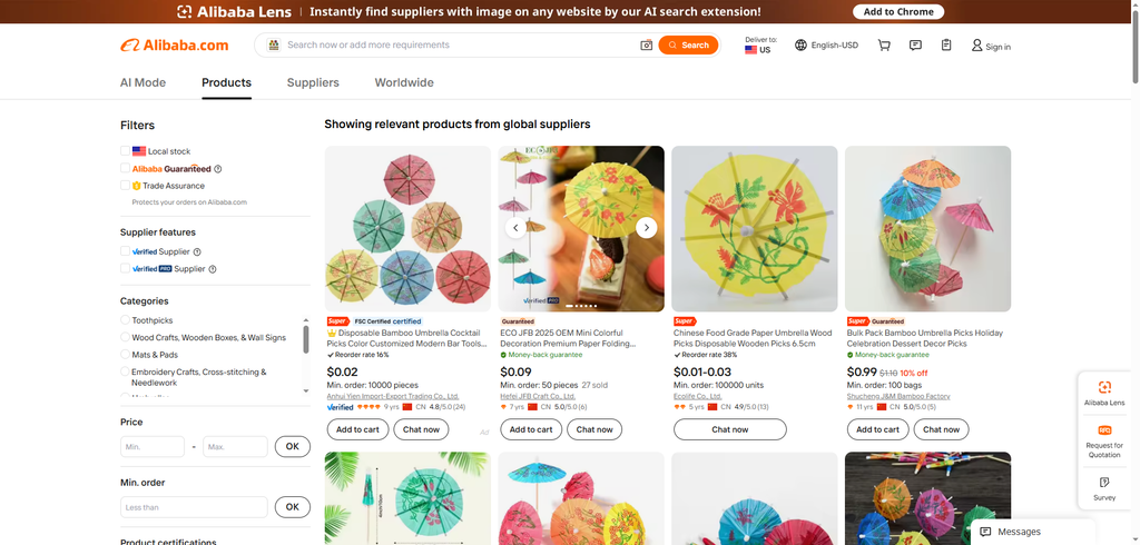 Alibaba search results for cocktail umbrella suppliers