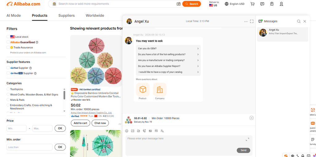 Alibaba supplier chat window for product inquiry